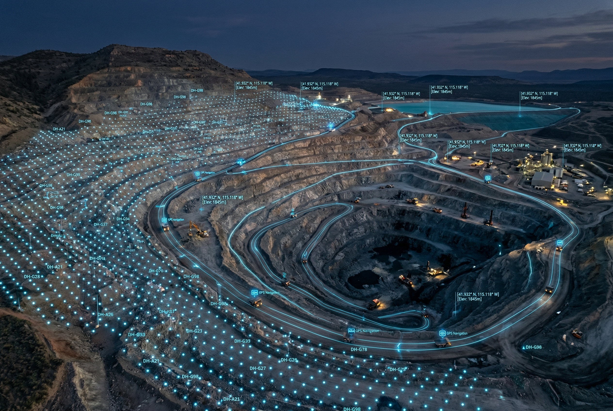 Aerial view of open-pit mine with digital drill pattern overlay